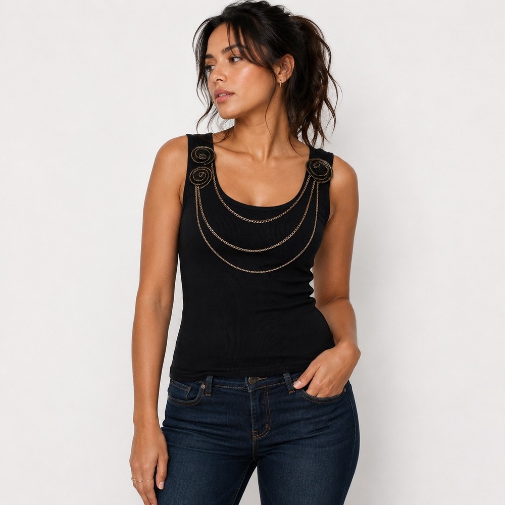 Allen B. Tank Top Medium Black Chain Rosette Ribbed Scoop Neck Sleeveless Y2K
